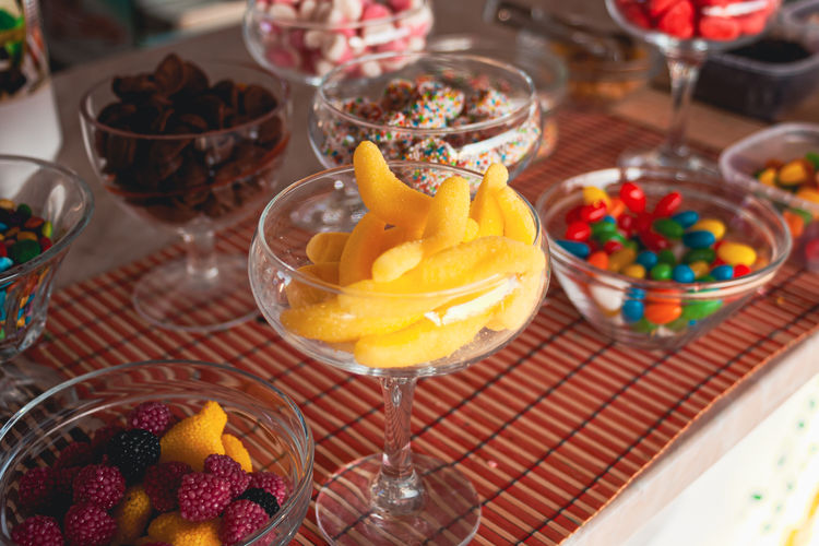 High angle view of dessert on table