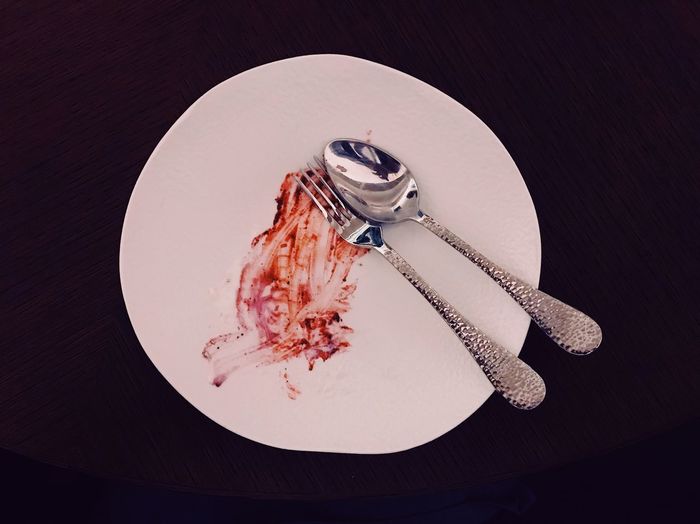 High angle view of dessert in plate on table