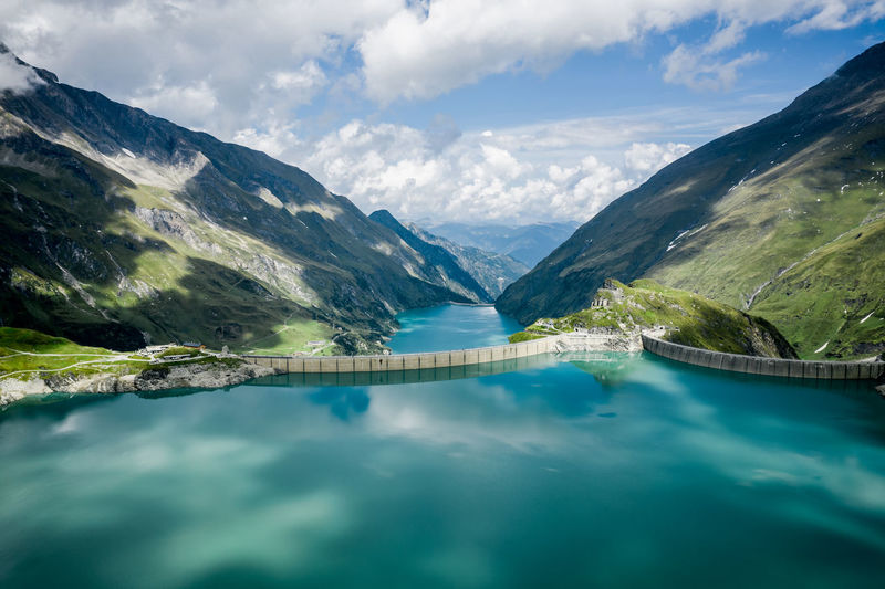 Aerial image of kaprun high mountain reservoirs and dam wall, salzburg, austria