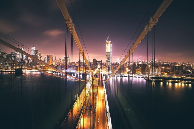 Panoramic view of suspension bridge at night