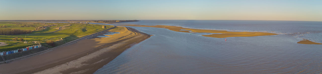A drone view of the estuary of the river deben at felixstowe ferry in suffolk, uk