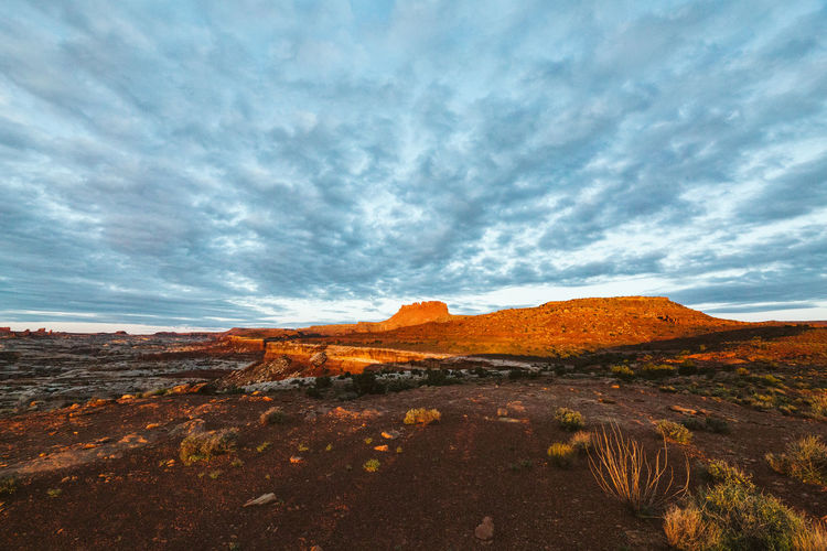 Sunrise over red rocks in the utah desert at the maze canyonlands