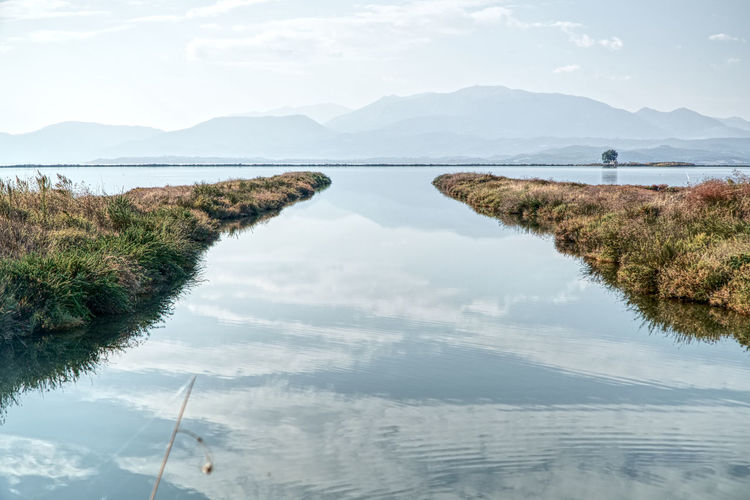 Scenic view of lake and mountains against sky