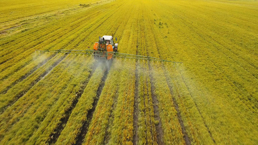 Tractor spraying the chemicals on the large green field. spraying the herbicides on the farm land. 
