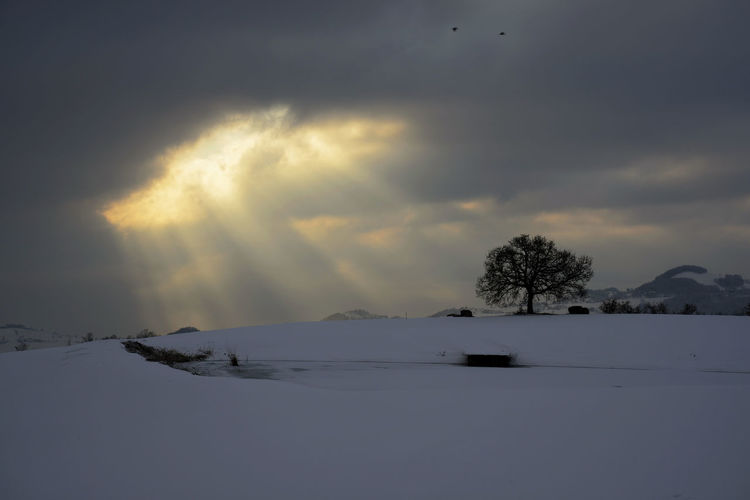 Scenic view of snow field against sky during sunset