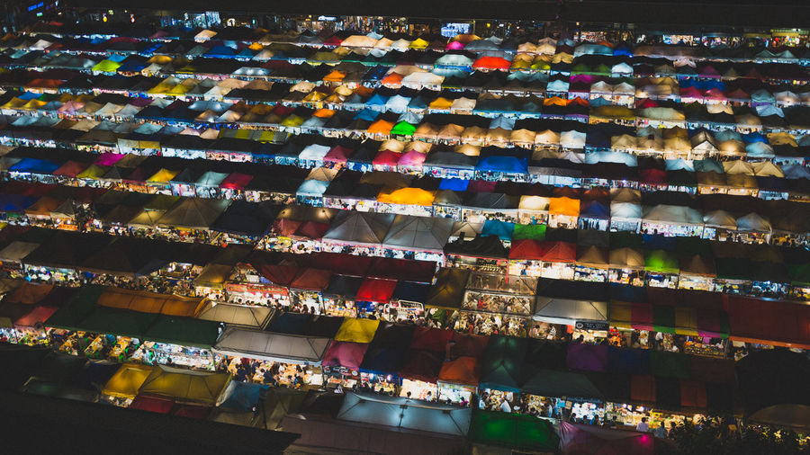High angle view of illuminated market