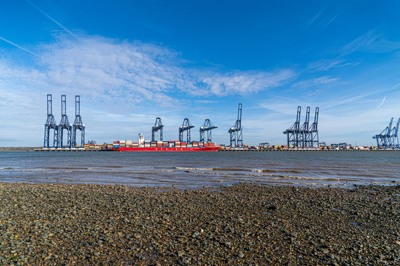 Felixstowe container port panoramic shots showing gantry cranes and container ship