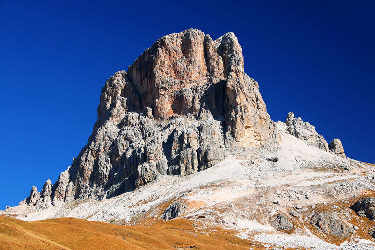 Rock formations on snowcapped mountain against clear blue sky
