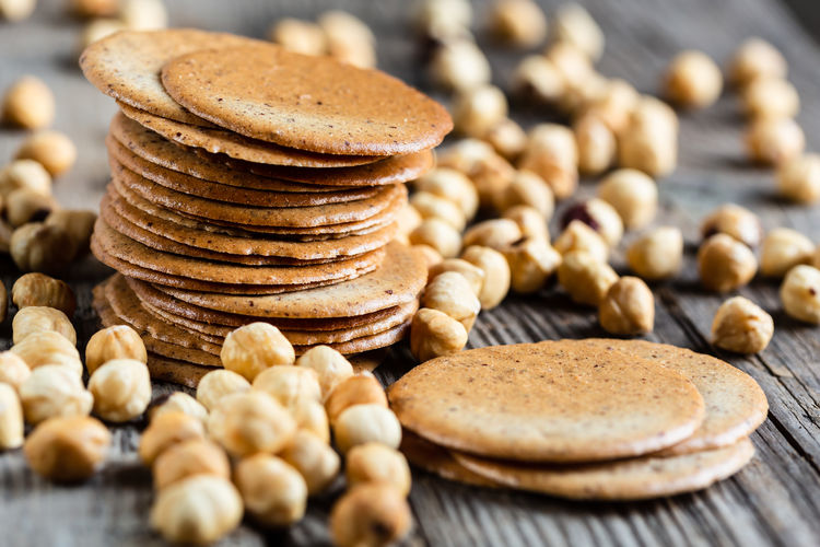 Close-up of cookies and chickpeas on table