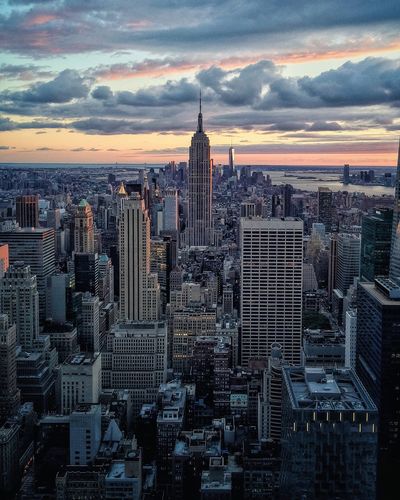 City skyline at sunset