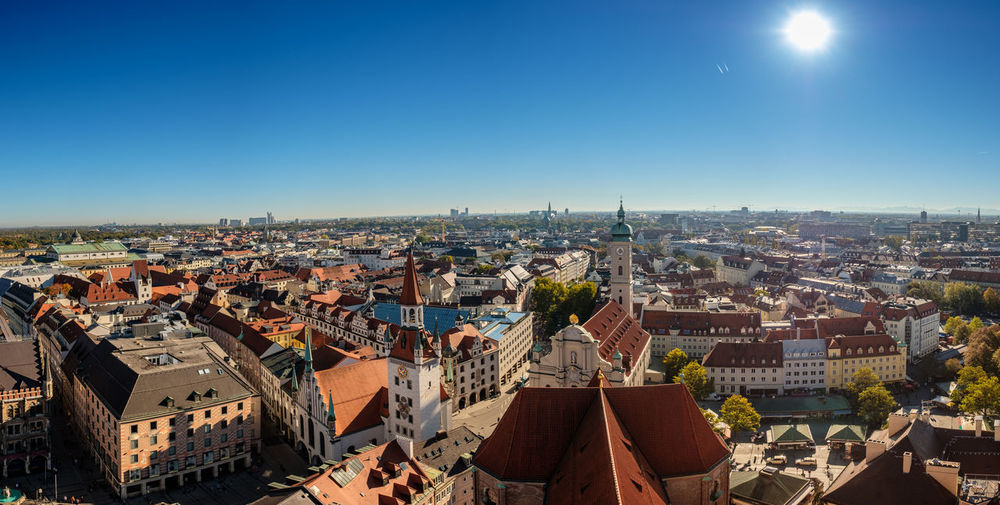Munich panorama and cityscape on viktualien market with blue sky