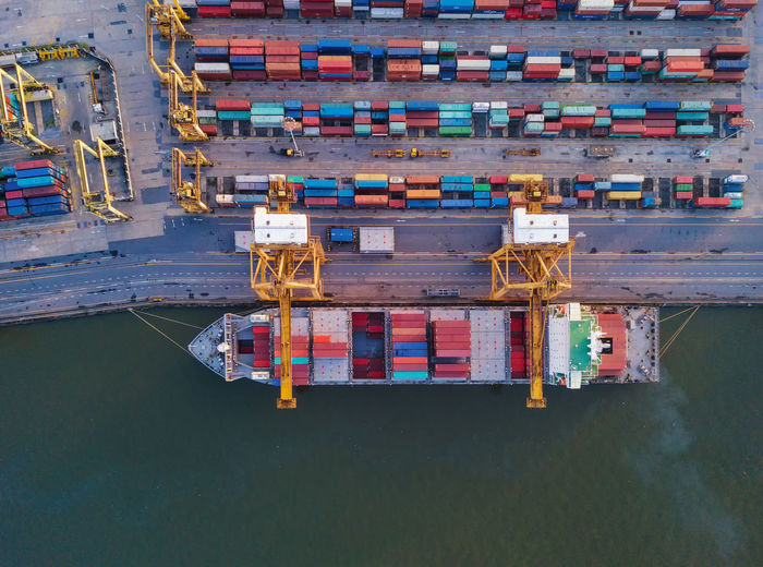 Aerial view of containers at harbor