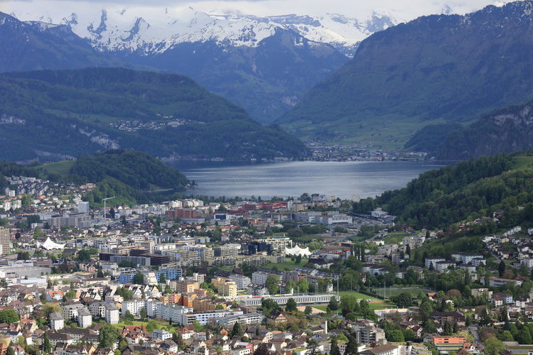 High angle view of townscape and mountains in switzerland