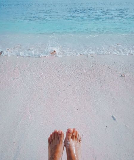 Low section of man standing at beach
