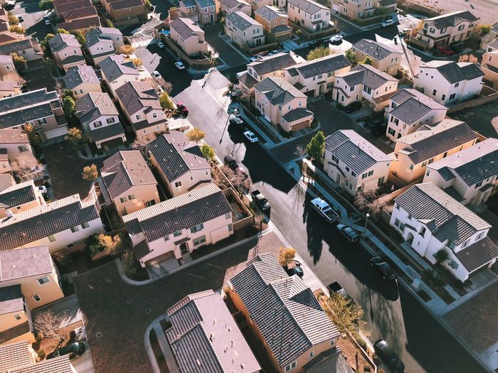High angle view of houses in town