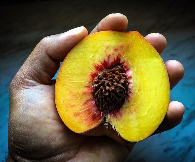 Cropped hand of man holding halved peach