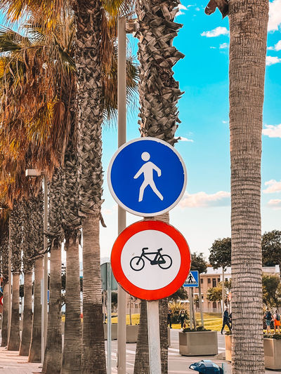 Road sign by trees in city