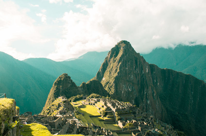 High angle view of machu picchu during sunny day