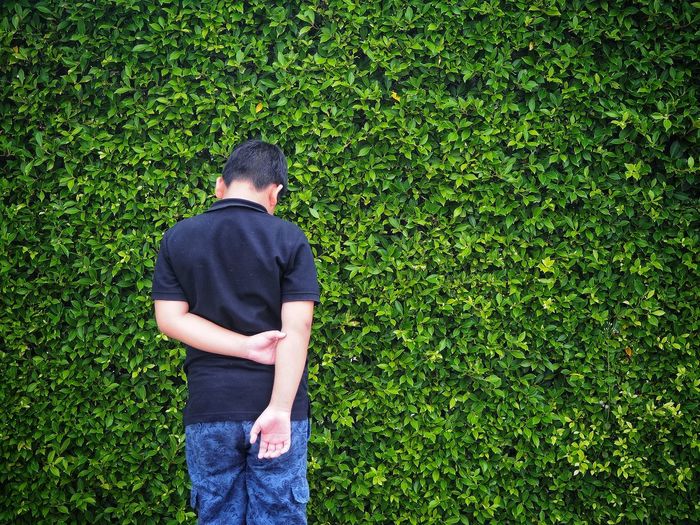 Rear view of boy standing against plants