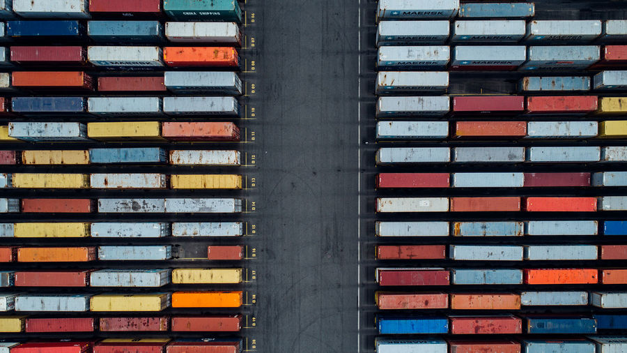 Aerial view of colorful cargo containers at commercial dock