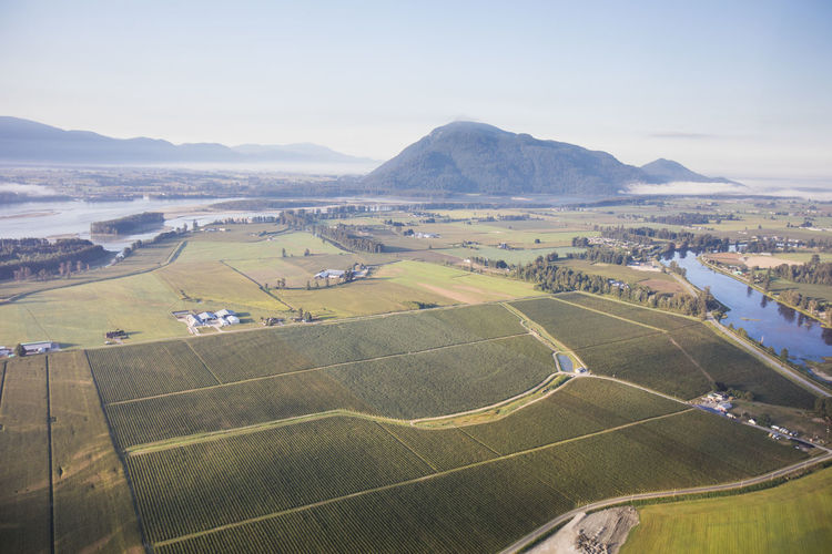 Aerial view of farm fields in deroche,mission, b.c.
