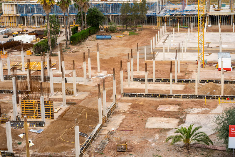 View of construction site by building