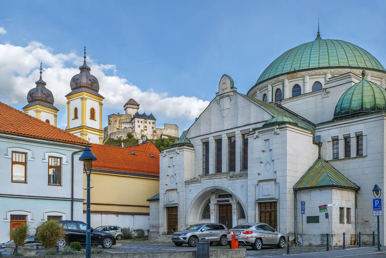 View of trencin town with synagogue, church and castle, slovakia