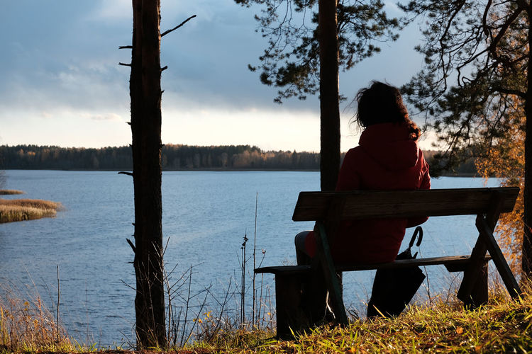 Rear view of woman sitting on bench by lake