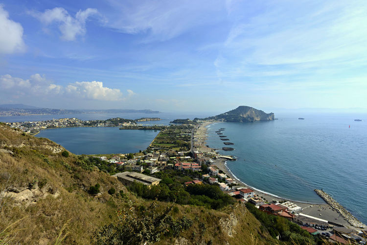 High angle view of bay against sky