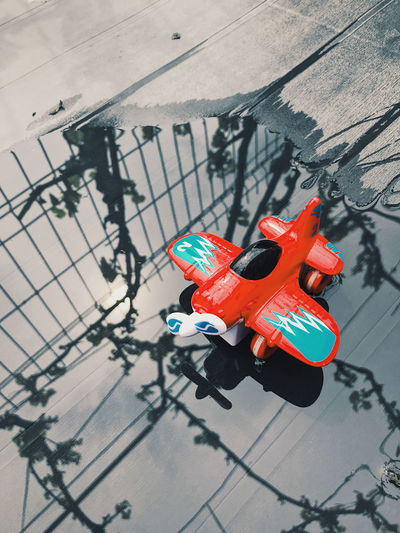 High angle view of toy car on street