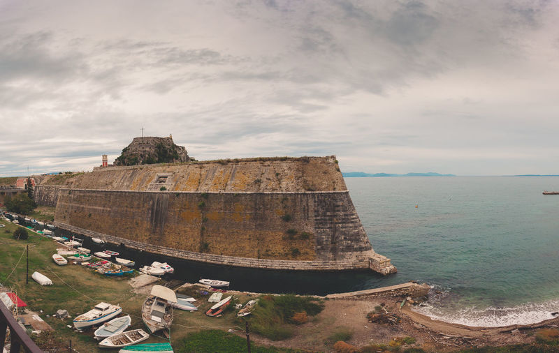 Panorama of ramparts of the venetian old fortress of corfu, corfu island, greece