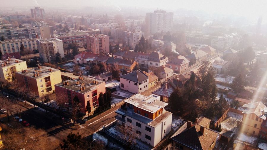 High angle view of cityscape during winter