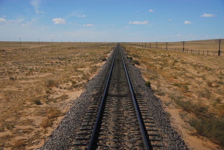 Railroad track in arid landscape at gobi desert
