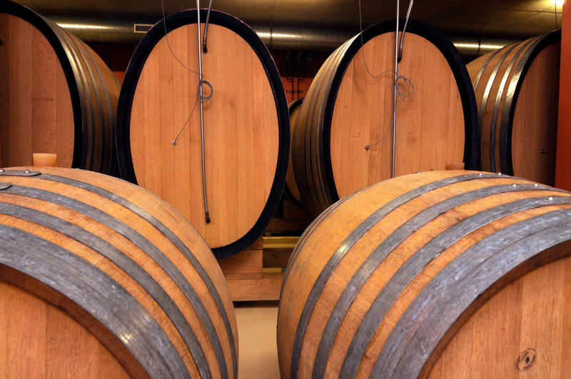 Many wooden barrels in a wine cellar, storage of wine