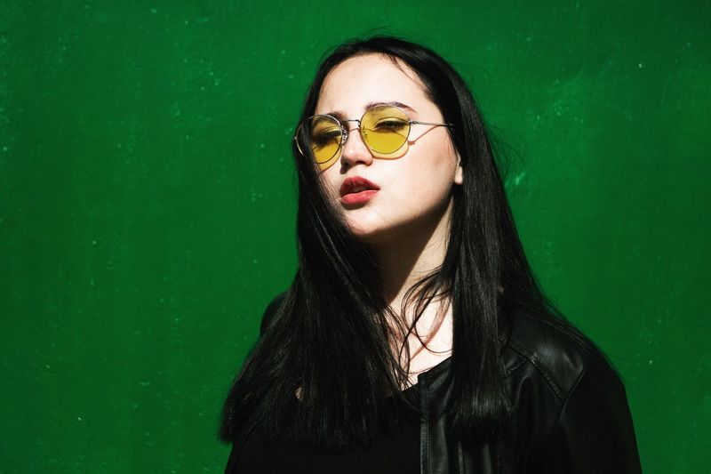 Paint The Town Yellow Only Women Green Green Color Yellow Sunglasses Wall Black Girl Leather Jacket Bold Paint The Town Yellow Fresh On Market 2017