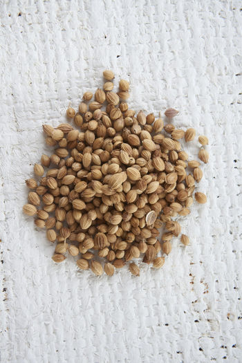 Directly above shot of coriander seeds on textile