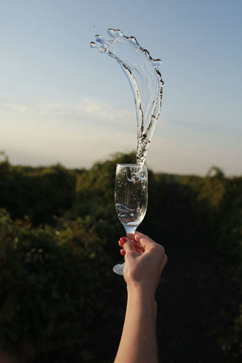 Cropped hand holding wineglass against sky