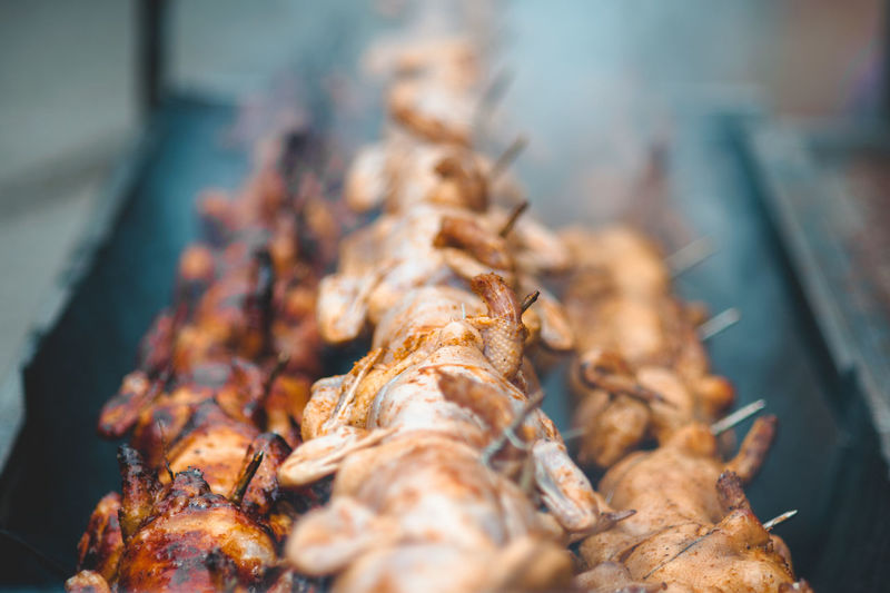 Close-up of chicken on barbecue grill