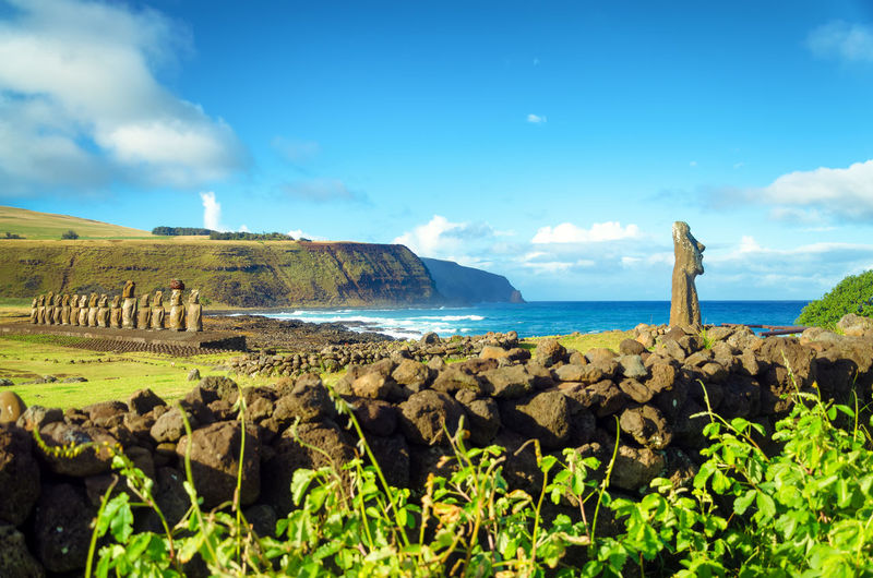 Scenic view of moai and pacific ocean on easter island