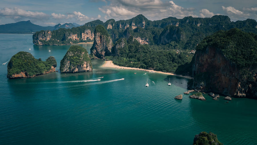 High angle view seascape and mountain view at railay bay in the rain season krabi province thailand