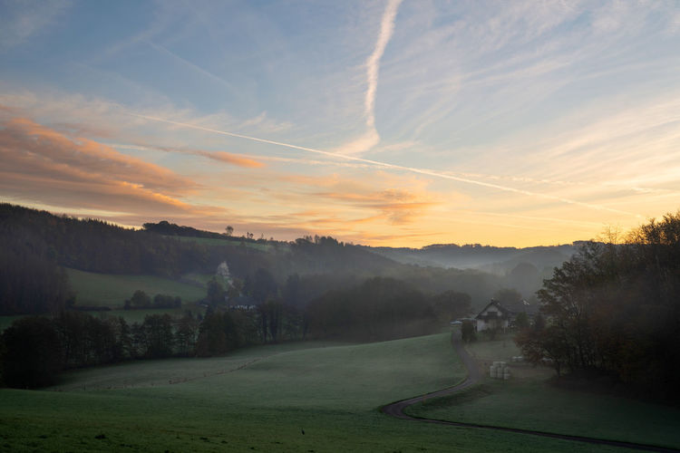 Panoramic image of scenic view on a foggy morning, bergisches land, odenthal, germany
