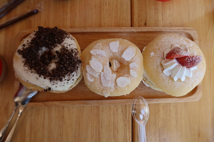 High angle view of donuts on table