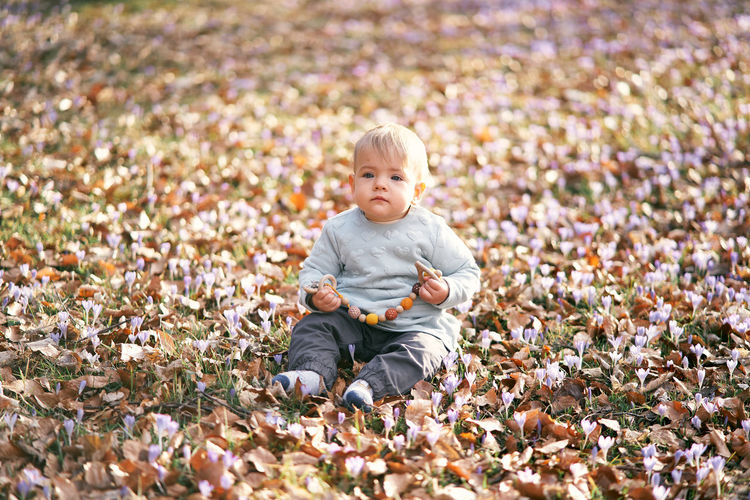 Full length of man sitting on autumn leaves