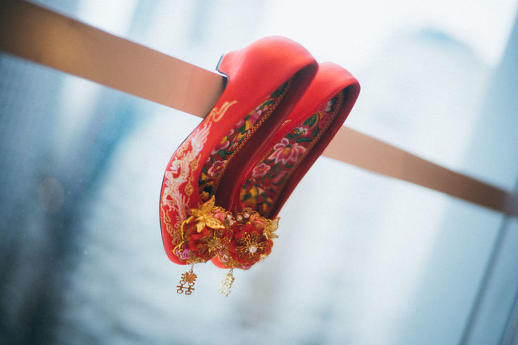 High angle view of red chili pepper on table