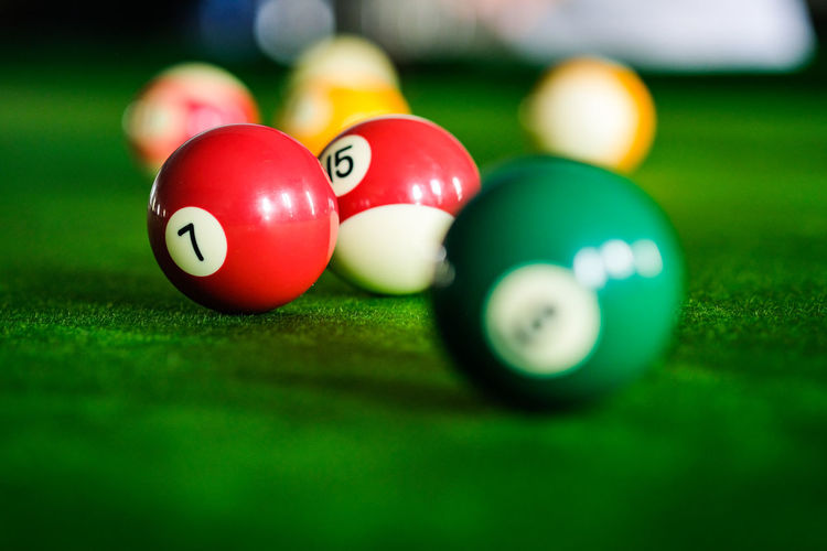 Close-up of balls on pool table
