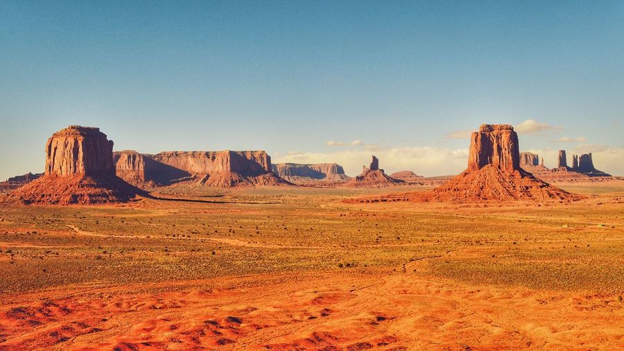 Scenic view of landscape with rock formations against sky at monument valley