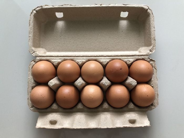 High angle view of eggs in box