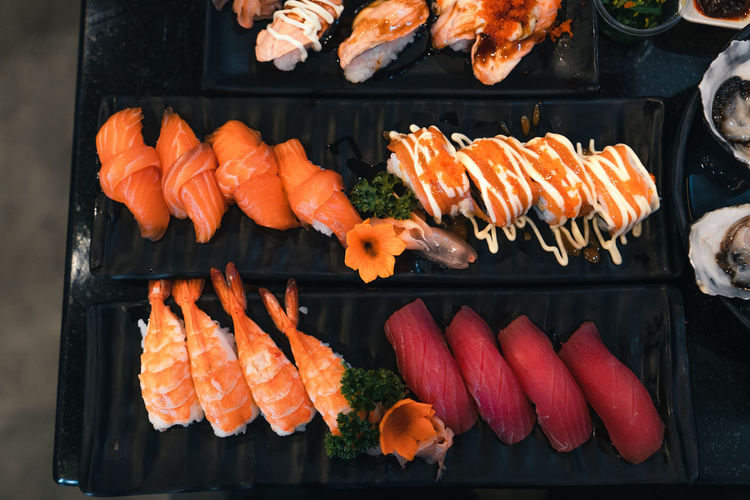 High angle view of sushi on tray