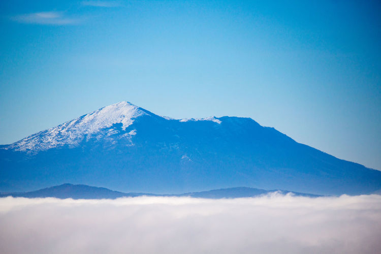 Scenic view of snowcapped mountains against blue sky