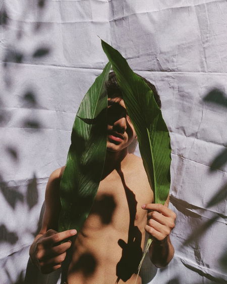 Shirtless boy holding leaves while standing against curtain